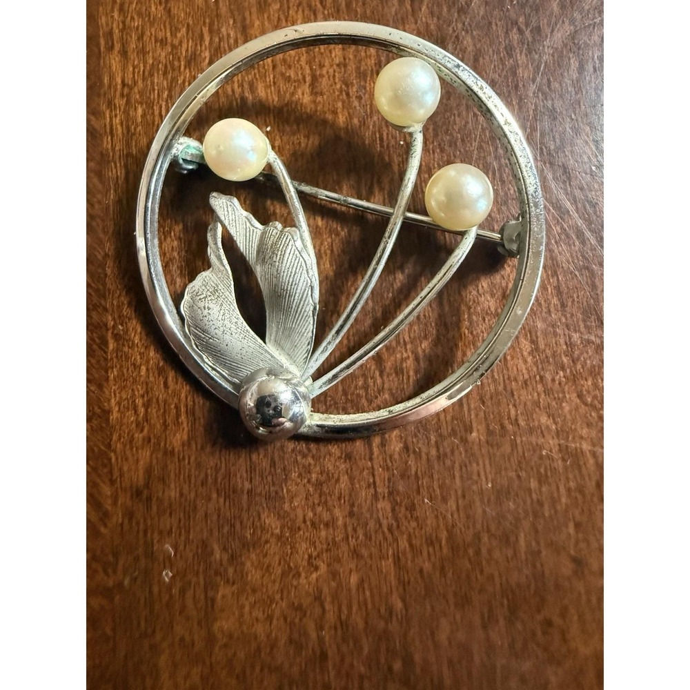 Vtg Sterling Silver Pearl Brooch Modernist Botanical Mid Century‎ Signed 1950s